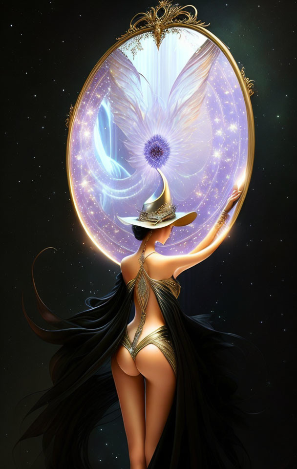 Stylized illustration of woman in black and gold outfit with flowing hair and mystical oval.
