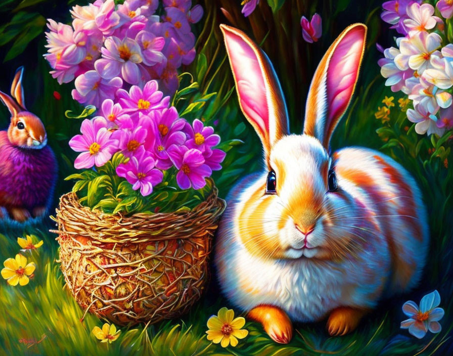 Realistic brown and white bunny painting with basket and pink flowers