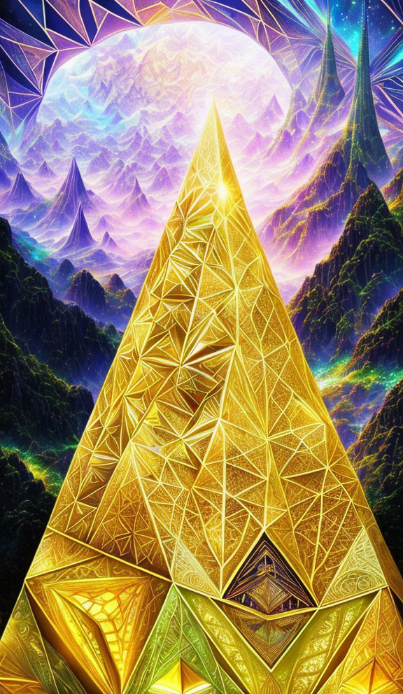 Colorful psychedelic artwork: Golden pyramid, mystical landscape