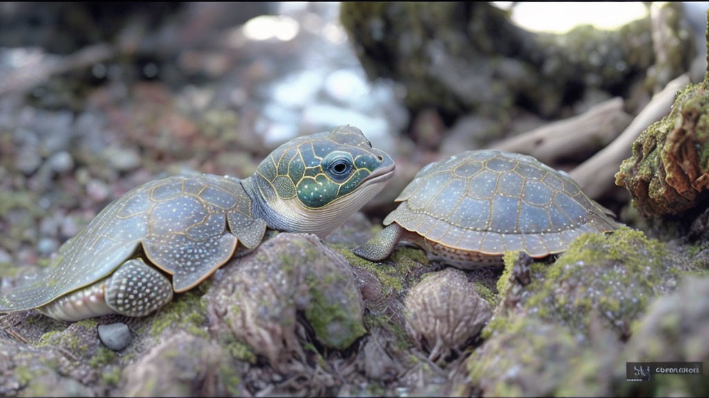 Detailed Realistic Animated Turtles on Mossy Ground with Forest Background
