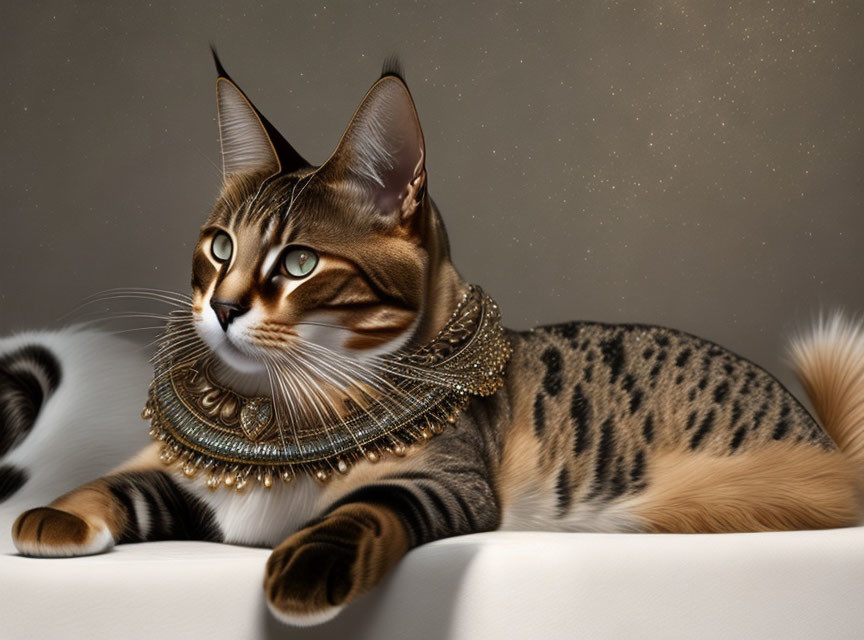 Majestic Tabby Cat with Green Eyes and Golden Necklace on Neutral Background