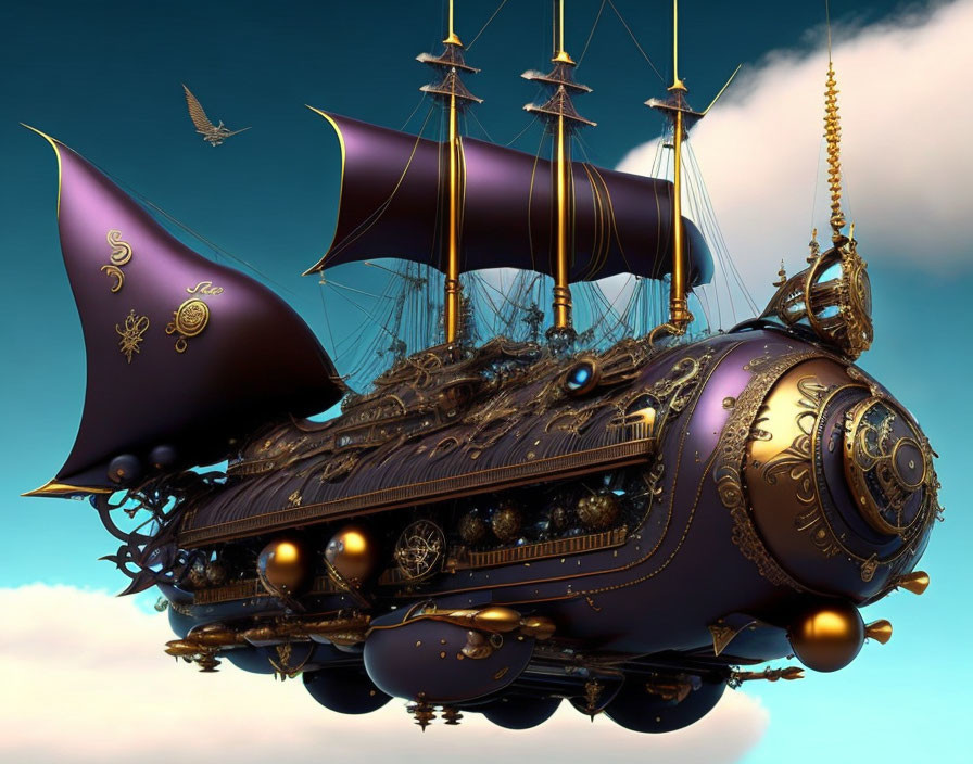 Elaborate golden steampunk airship with mechanical bird in blue sky