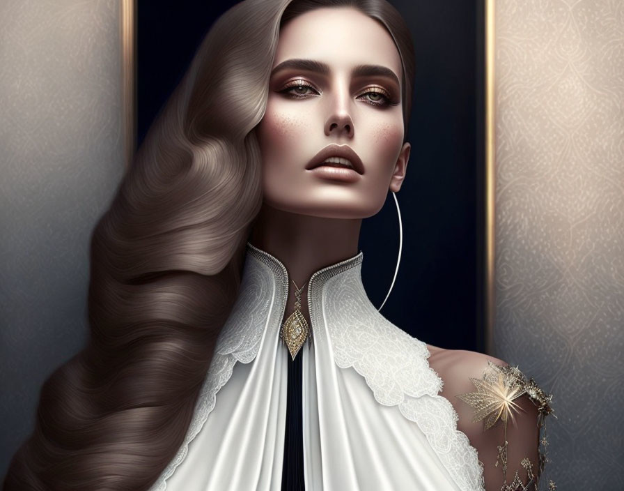 Portrait of woman with voluminous wavy hair, elegant makeup, white high-collar outfit, gold bro