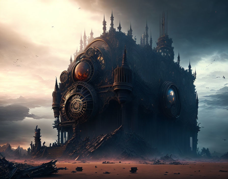 Surreal dark landscape with gothic structure and mechanical elements