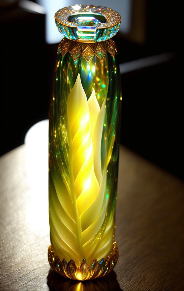 Intricate Swirling Patterns on Illuminated Glass Vase