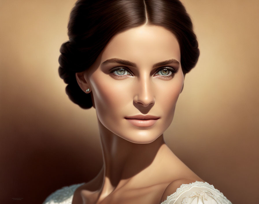 Portrait of woman with blue eyes, elegant bun hairstyle, subtle makeup on warm background