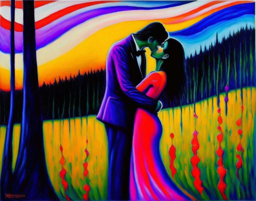 Colorful painting of embracing couple in swirling sky landscape