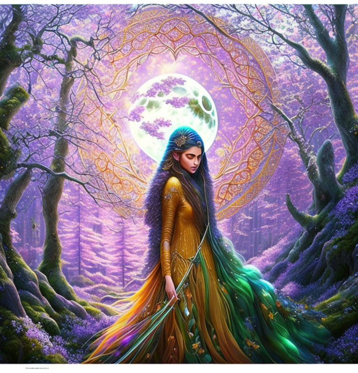 Woman in flowing gown in mystical forest under glowing moon
