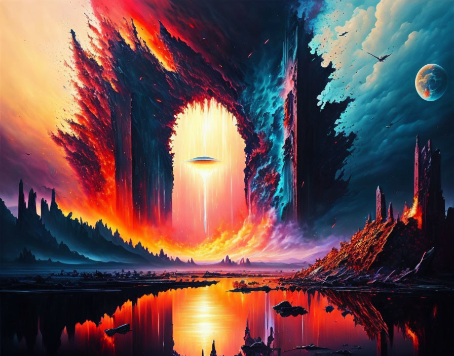 Fiery skies, UFO, crystalline structures, reflective lake & distant planet in sci-fi landscape