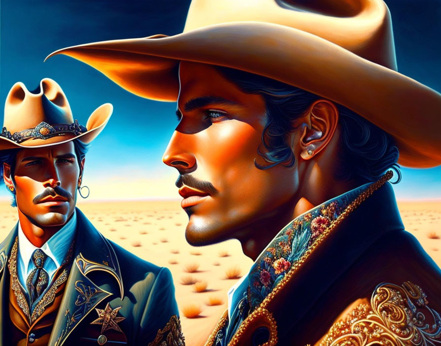Stylized cowboys in ornate outfits and large hats in desert scene