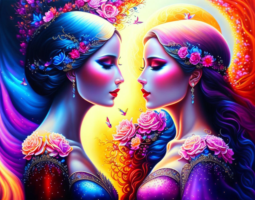 Illustration of Two Women with Floral Headdresses on Colorful Background