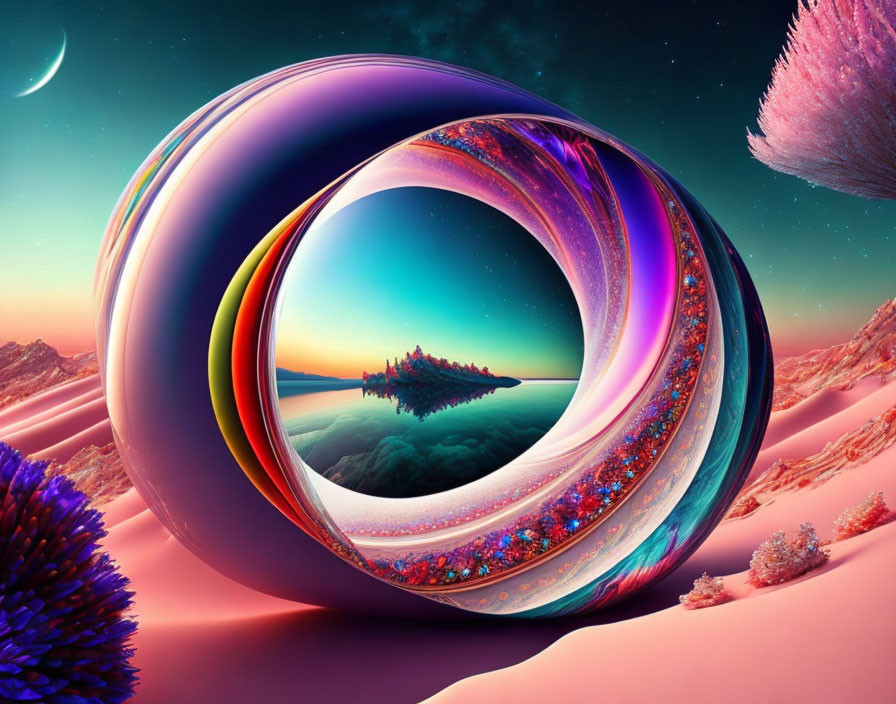 Colorful surreal landscape with twisted circular frame and reflective inner loop surrounding tranquil island in alien environment.