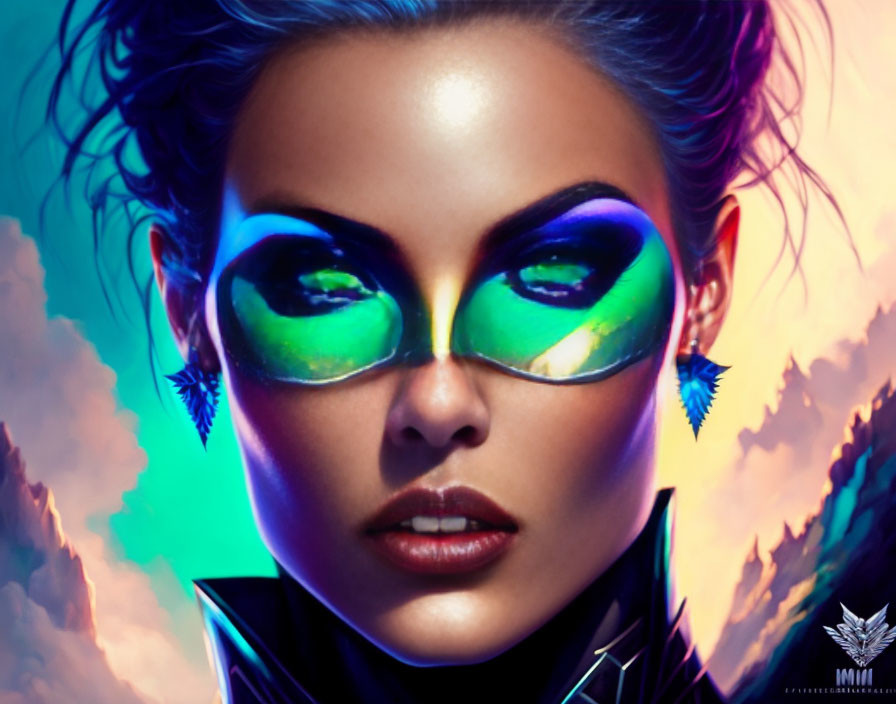 Digital portrait of woman in green sunglasses with dramatic makeup and futuristic attire on abstract background
