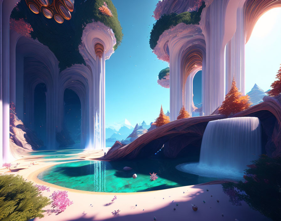 Fantasy landscape with waterfalls, floating islands, serene lake, pink flora, and towering arches