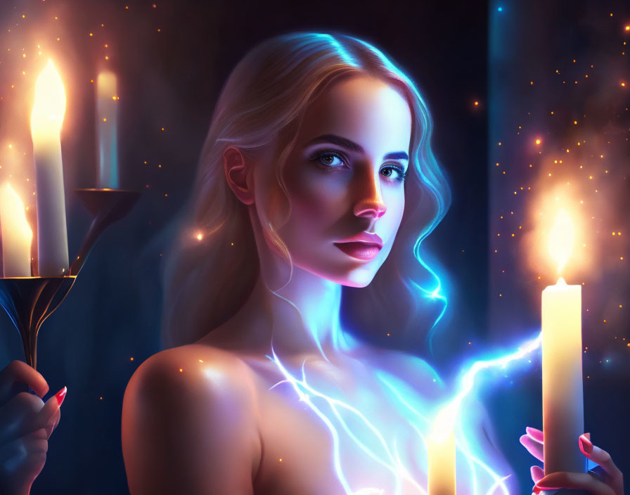Digital artwork featuring woman with glowing candles and ethereal electricity.
