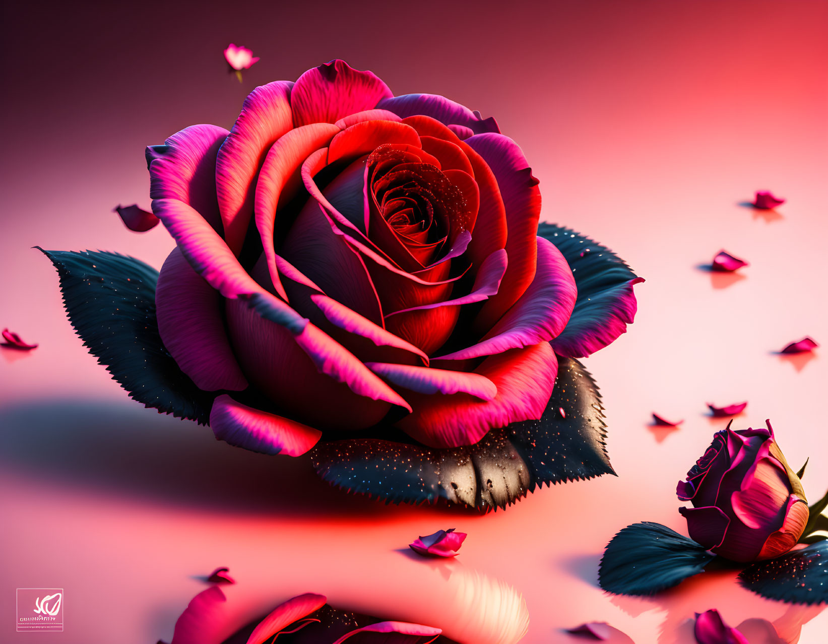 Vibrant purple and red rose on moody background