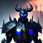 Futuristic black armored knight with blue glowing elements, horns, and spikes against cityscape.