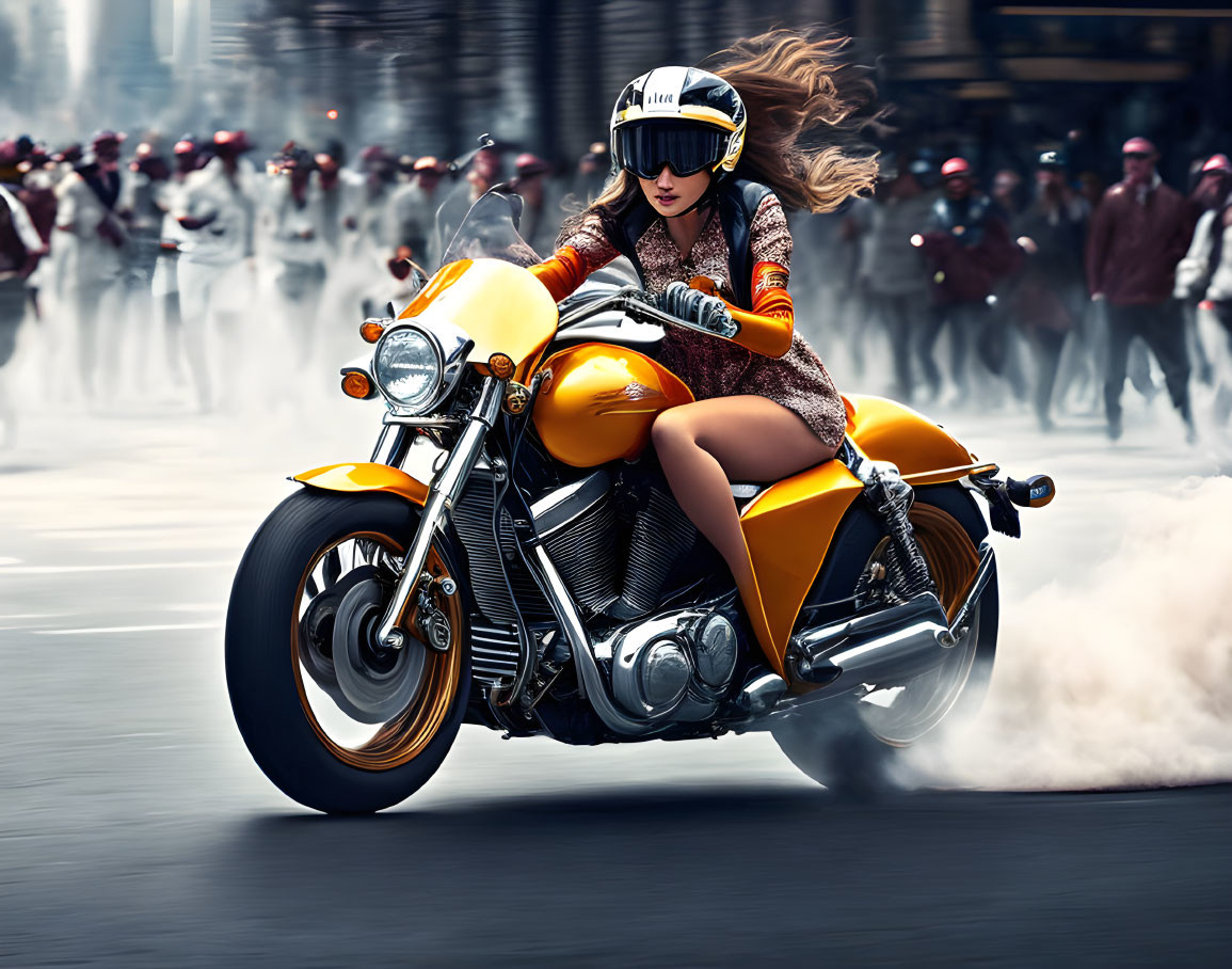 Woman in helmet rides yellow motorcycle past crowd