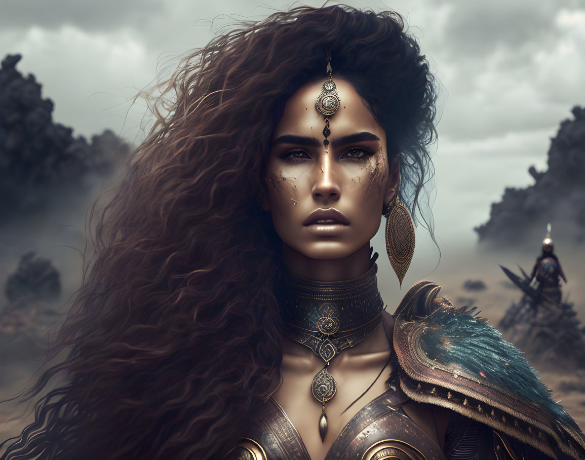 Warrior woman with curly hair and tribal markings in golden armor against stormy backdrop.