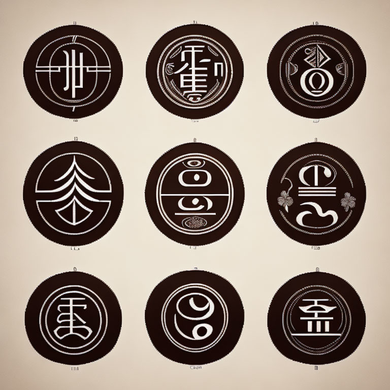 Nine Circular Black Patterned Symbols on Beige Background