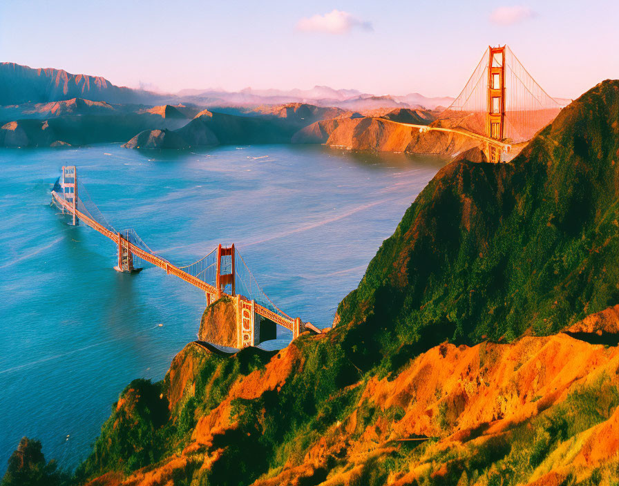 Panoramic Sunset View of Golden Gate Bridge and San Francisco Bay