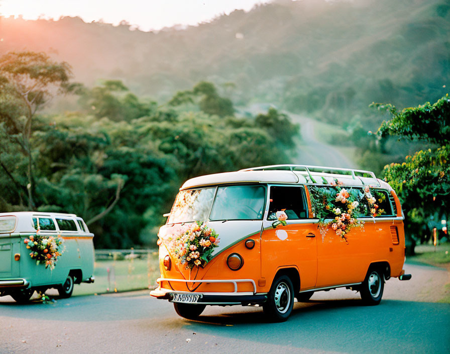 Vintage Volkswagen Vans on Road Amongst Green Hills