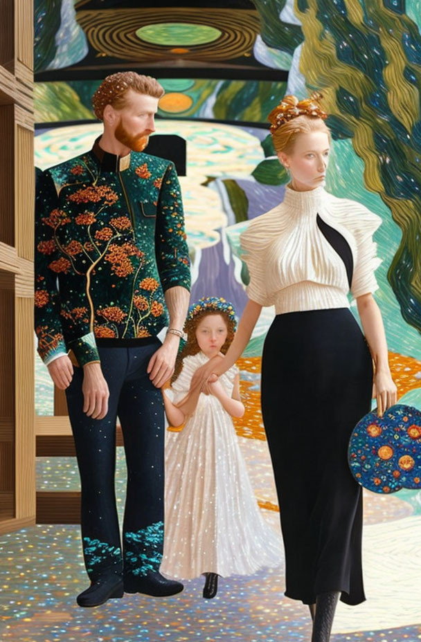 Modern fashion meets classic art in family portrait with swirling backdrop
