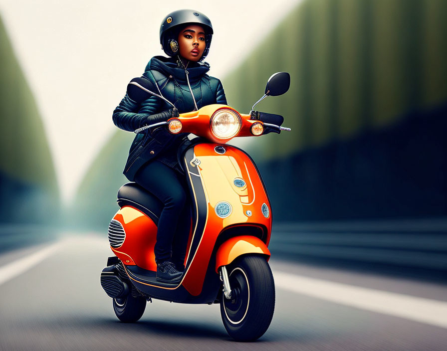 Person in Helmet Riding Orange Scooter on Green Roadside