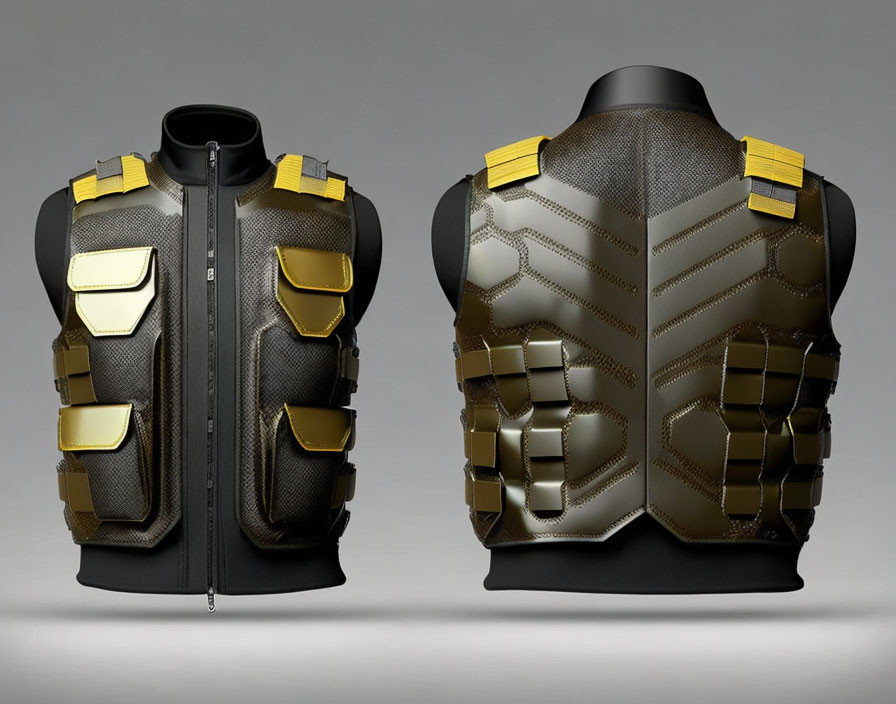 Black and Gold Tactical Vest with Padded Armor Plates and Shoulder Guards