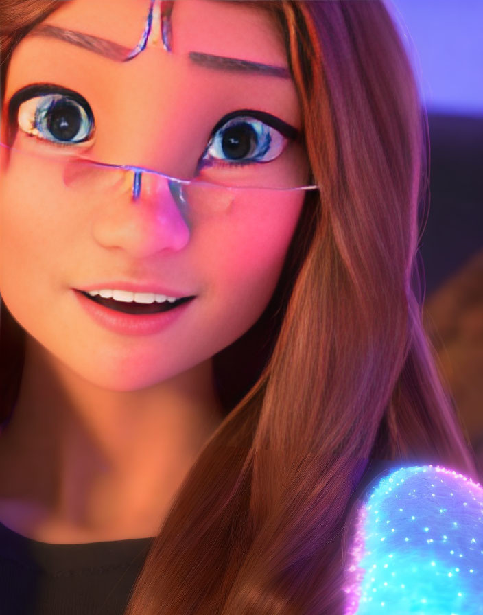 Detailed 3D animated female character with brown hair and blue crystal headset in purple-lit room