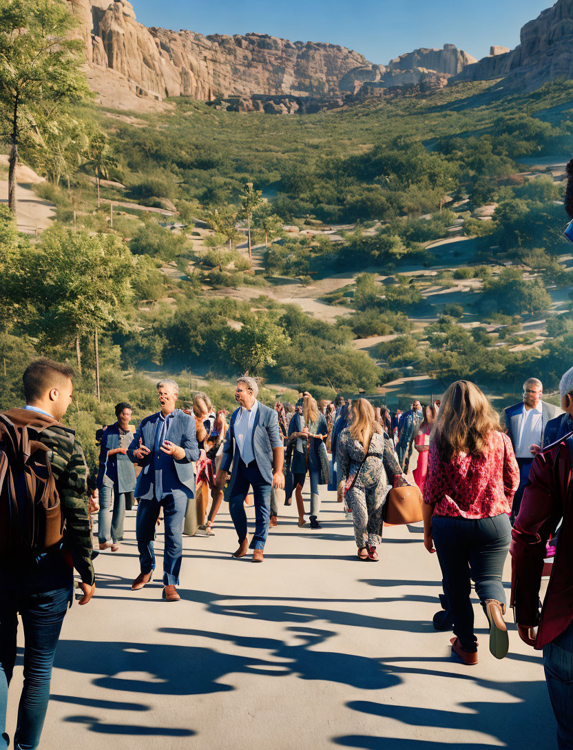 Diverse group in business and casual attire walking with rocky hills backdrop