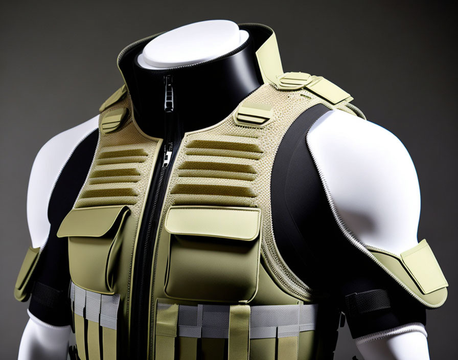 Tactical vest with padding and utility straps on white mannequin