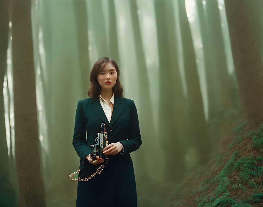 Woman in dark suit with camera in misty forest with sunbeams