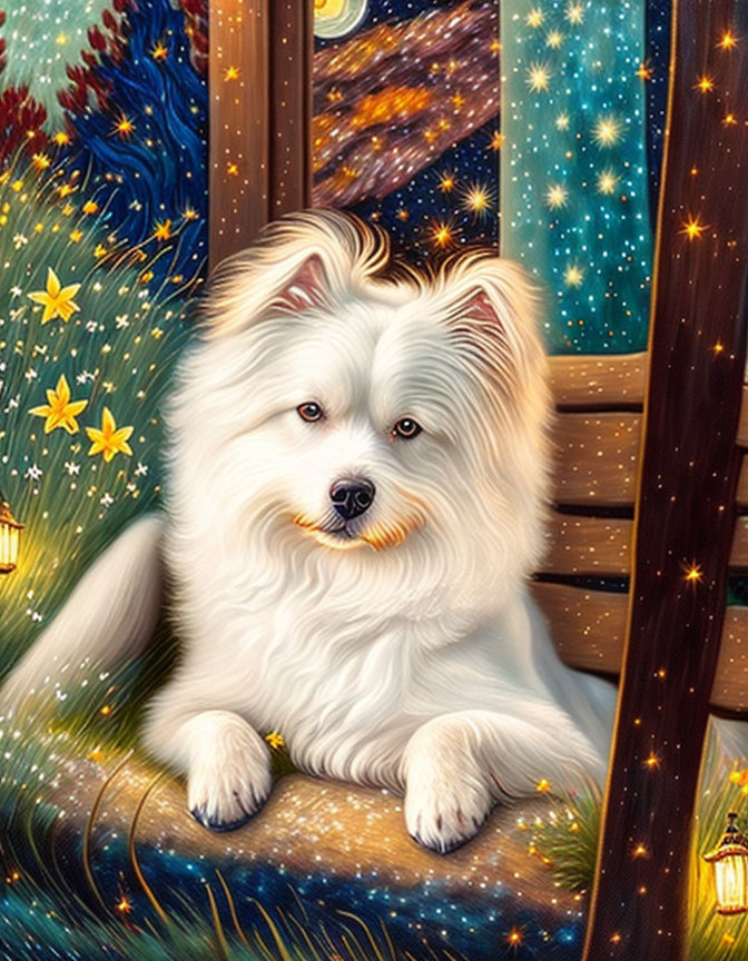 Fluffy white dog sitting on porch under starry night sky