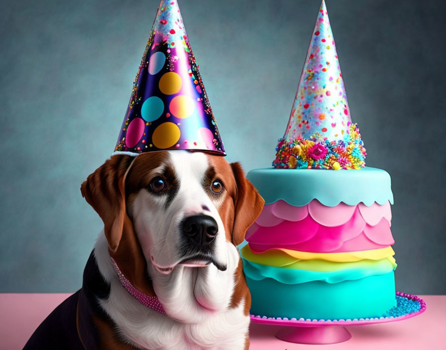 Colorful Birthday Hat Dog with Multi-Tiered Cake