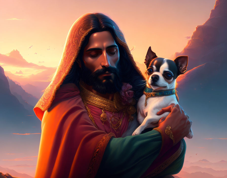 Man with Long Hair and Beard Holding Dog in Ornate Robes Against Sunset Sky