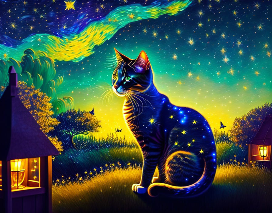 Colorful cosmic cat in star-filled meadow under night sky.