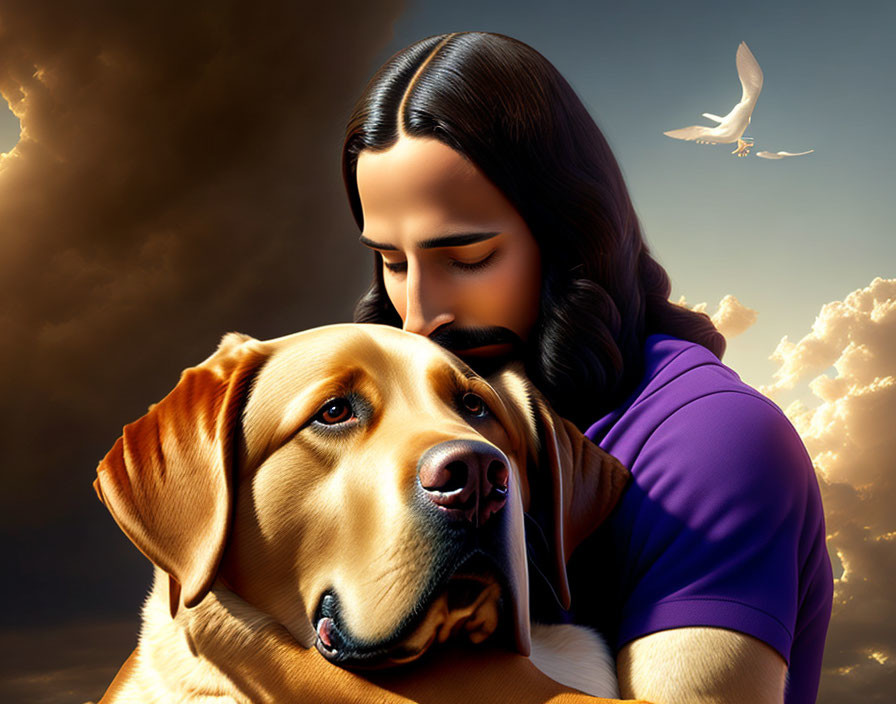 Man embracing dog in digital artwork with sky backdrop and dove.