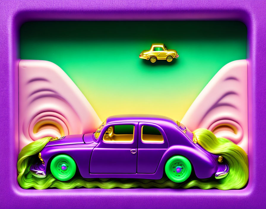 Colorful digital artwork of purple car with green glowing wheels and flying golden car in neon wave landscape.