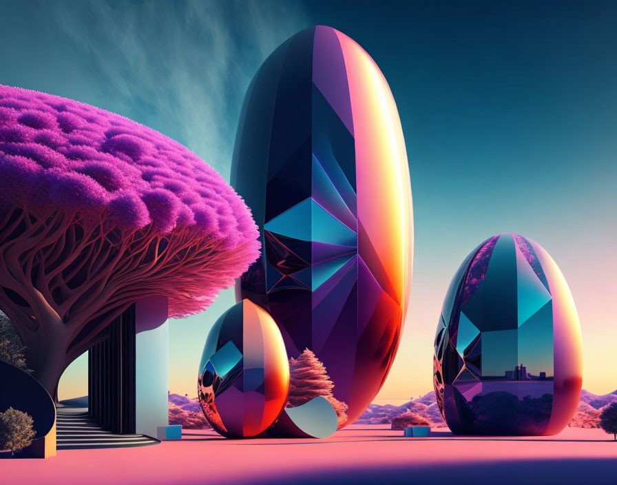 Vibrant purple tree in surreal landscape with futuristic egg-shaped structures