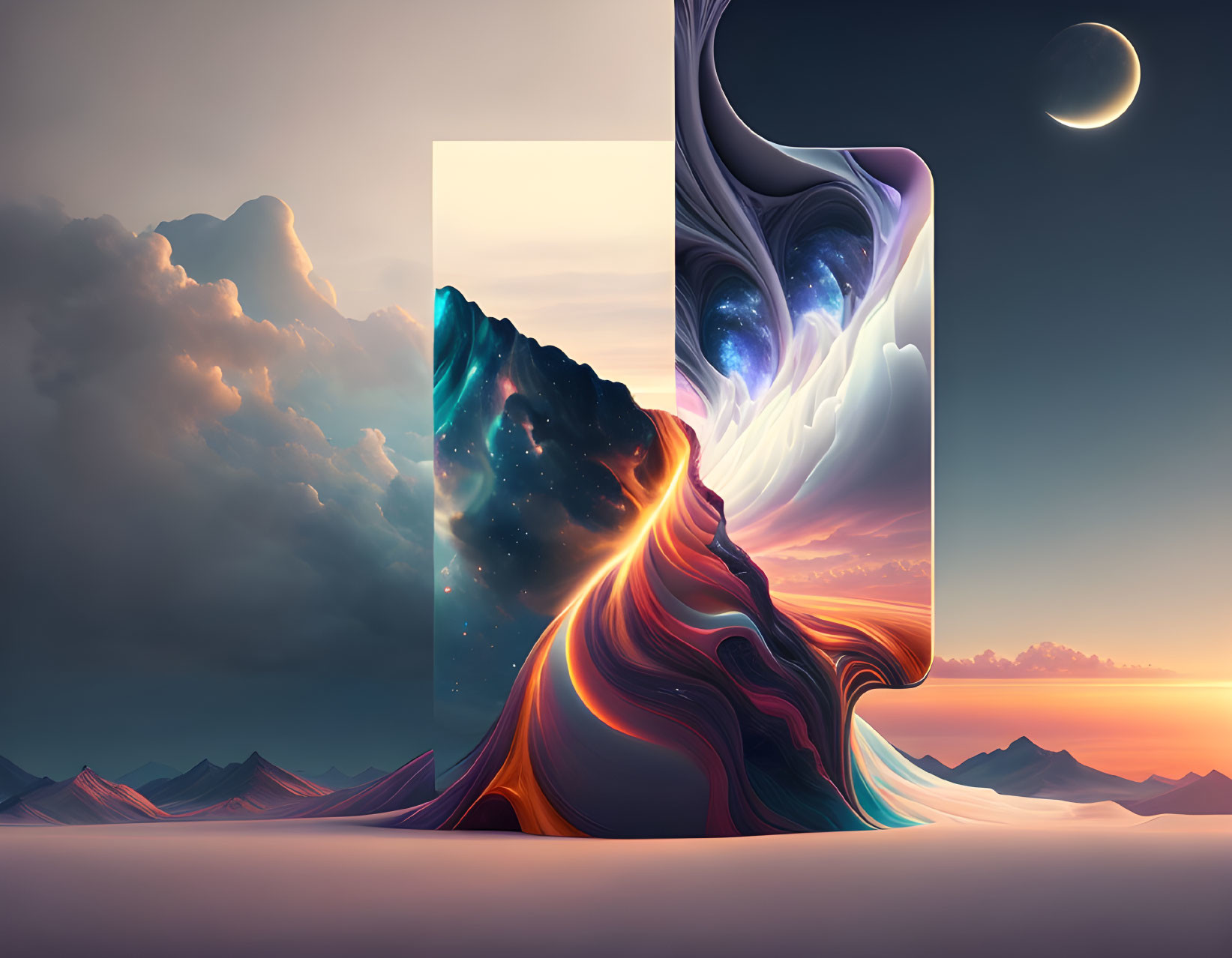 Fluid mountain-like structure in surreal twilight sky with crescent moon