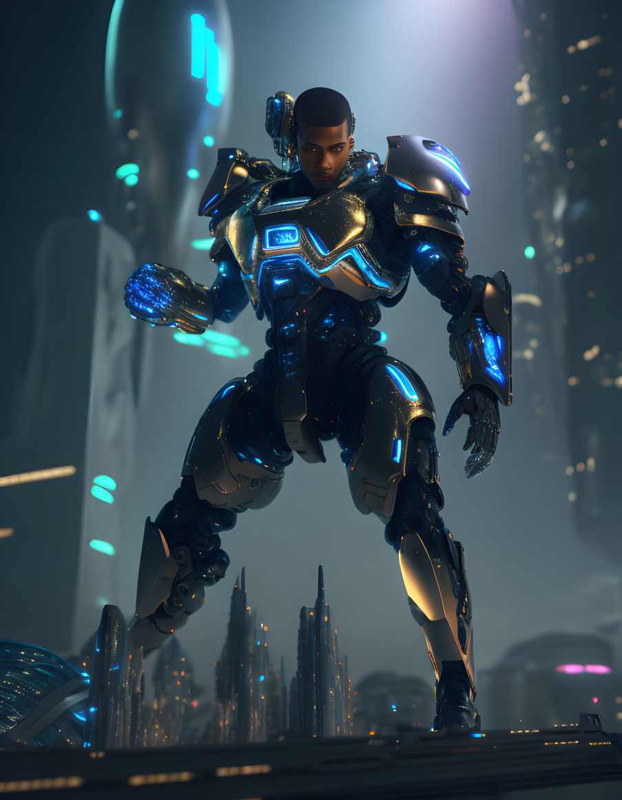 Futuristic armored suit in neon-lit cityscape at night