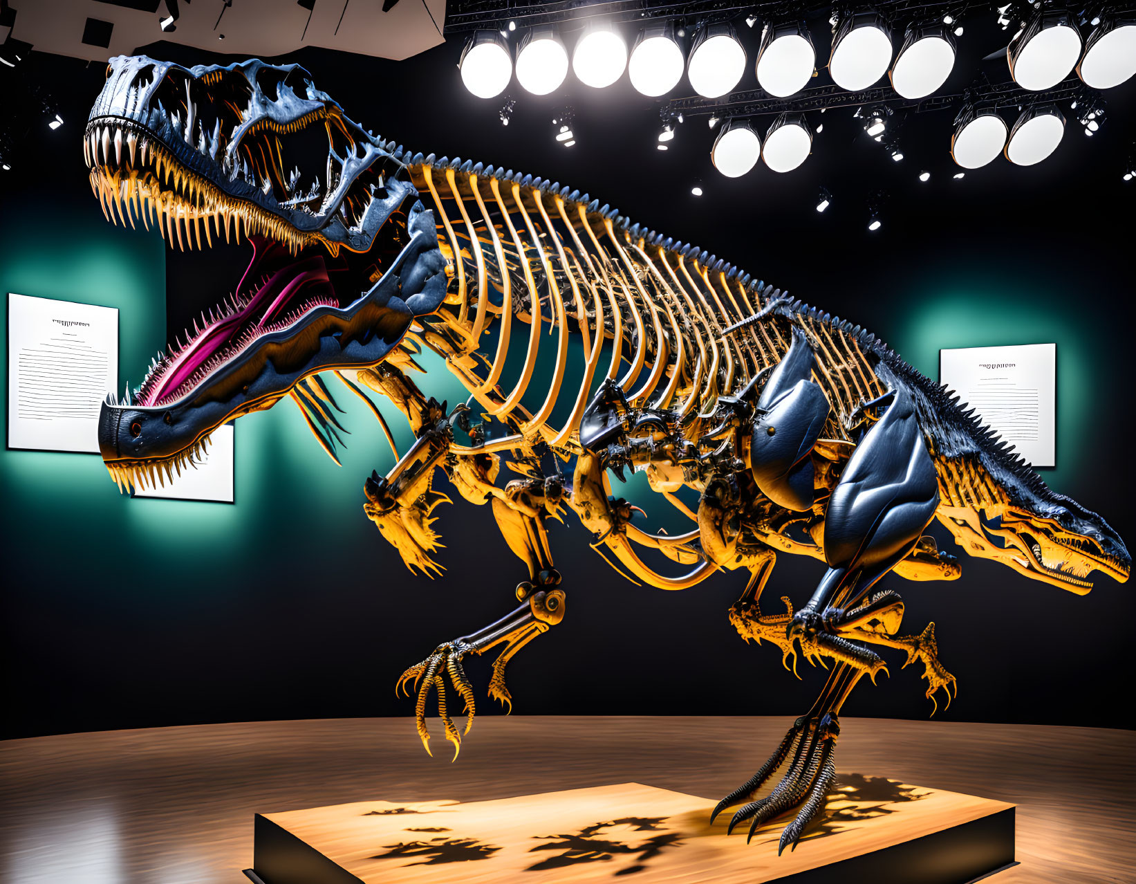 Tyrannosaurus rex skeleton exhibit with detailed skull and information plaques