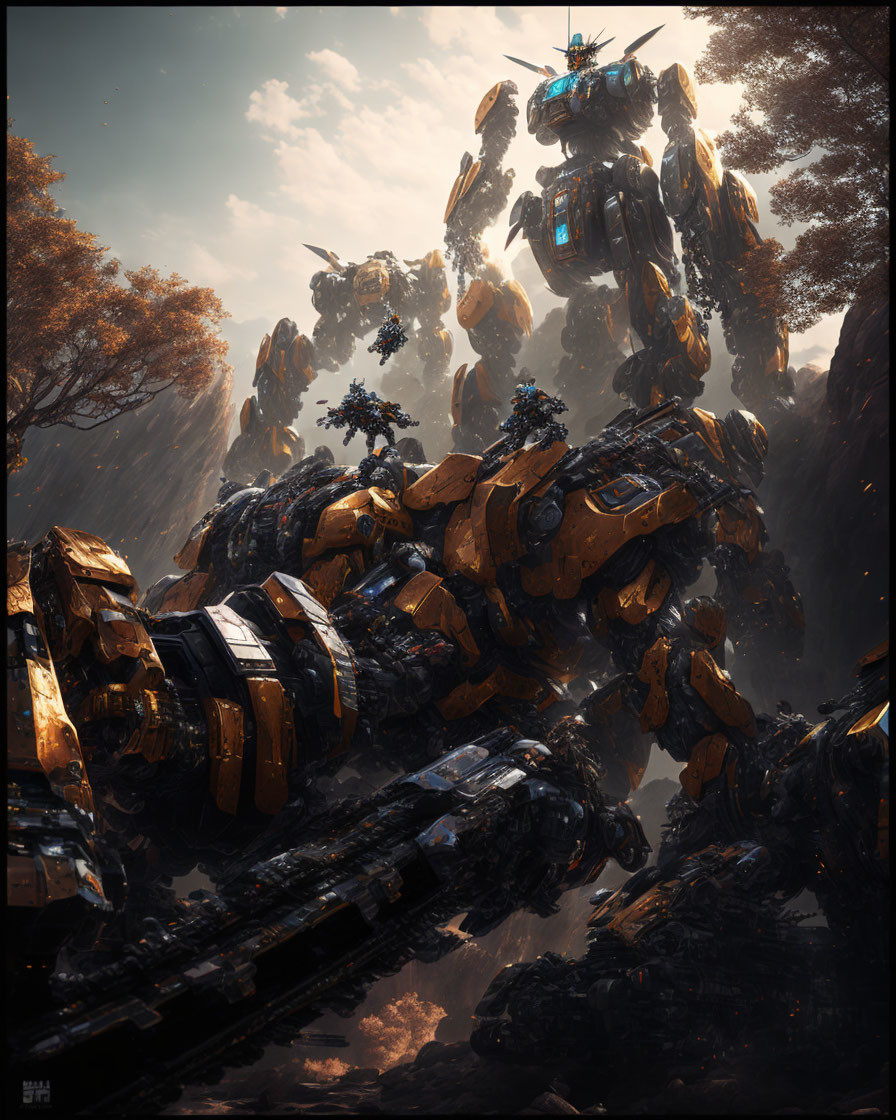 Digital Art: Towering Robots in Forest Setting
