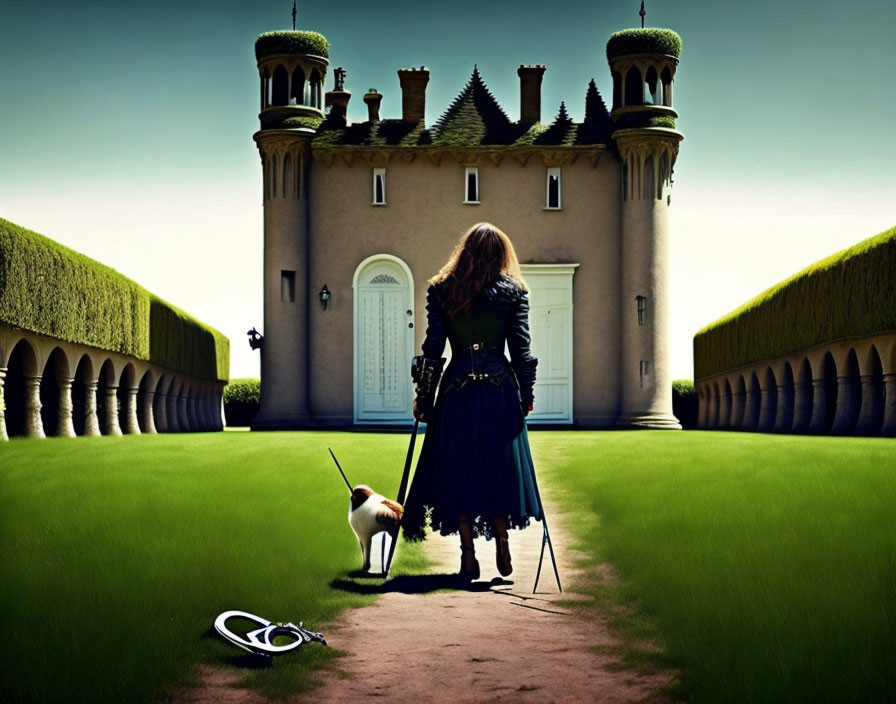 Woman in dark dress with umbrella and small dog in front of castle-like building and hedges under blue