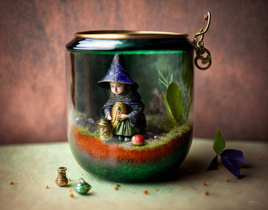 Miniature wizard in glass jar surrounded by colorful sand layers and magical items
