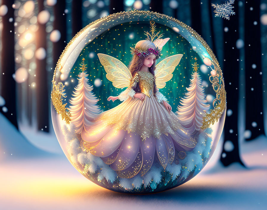 Whimsical fairy in snow globe with pine trees and snowfall