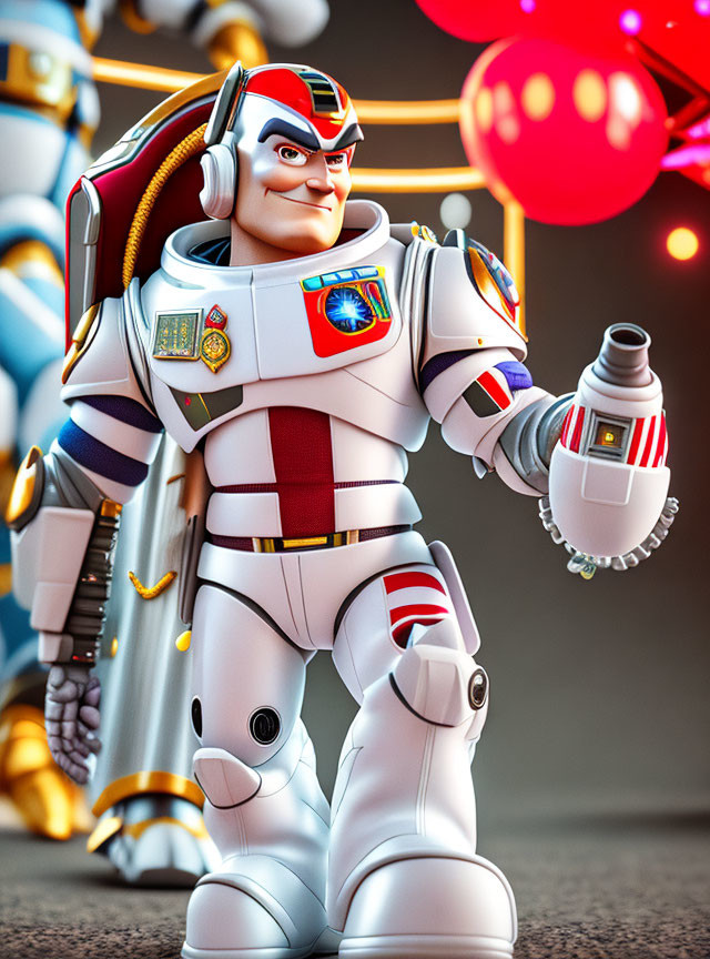 Space Ranger Toy in White, Green, and Purple Suit Holding Toy Gun