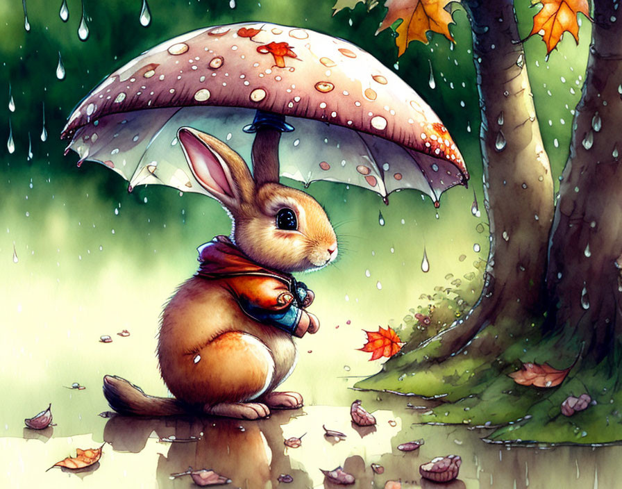 Illustrated rabbit under umbrella in autumn rain with fallen leaves and tree.