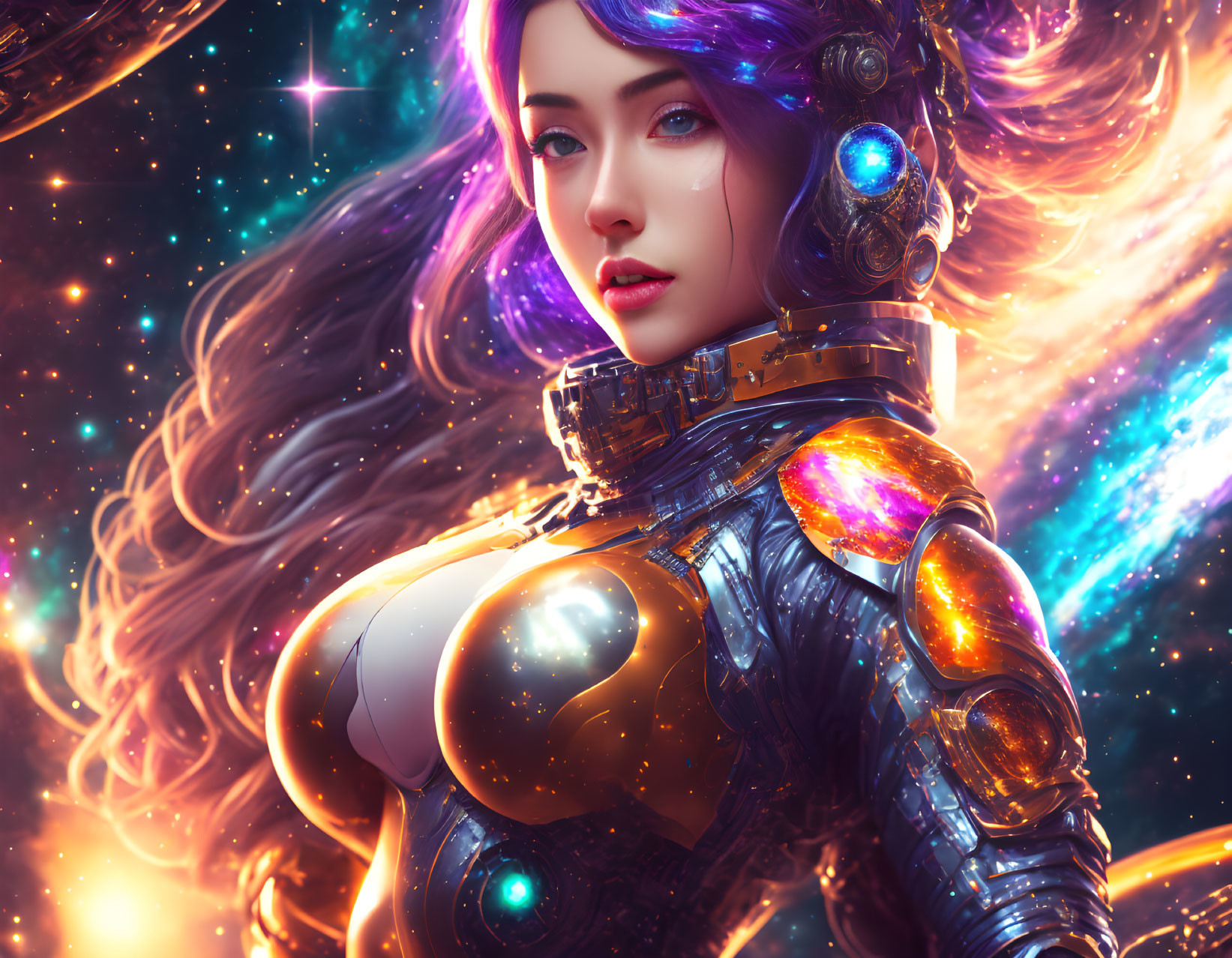 Purple-haired woman in futuristic armor on vibrant cosmic backdrop